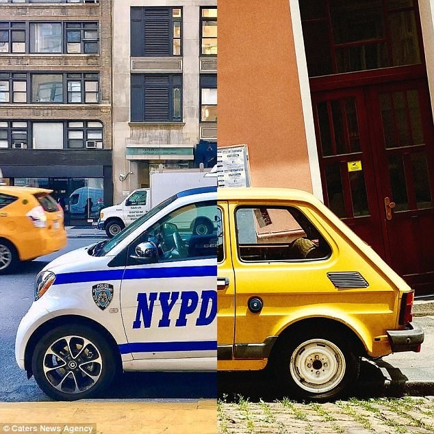 Слева - фото полицейского автомобиля (NYPD) сделано Беккой в Нью-Йорке, справа – снимок желтого авто из Чехии в исполнении Дэна. Подобных творений у пары множество.