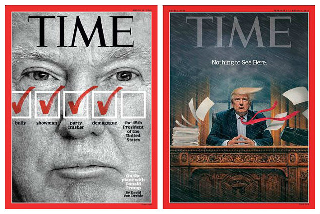 Еще до победы Трампа журнал Time предсказал это событие на своей обложке. А потом красочно иллюстрировал хаотичное начало правления нового президента США 