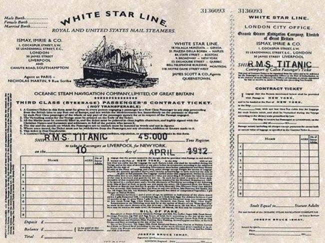 Билет на "Титаник". 1912 год.
