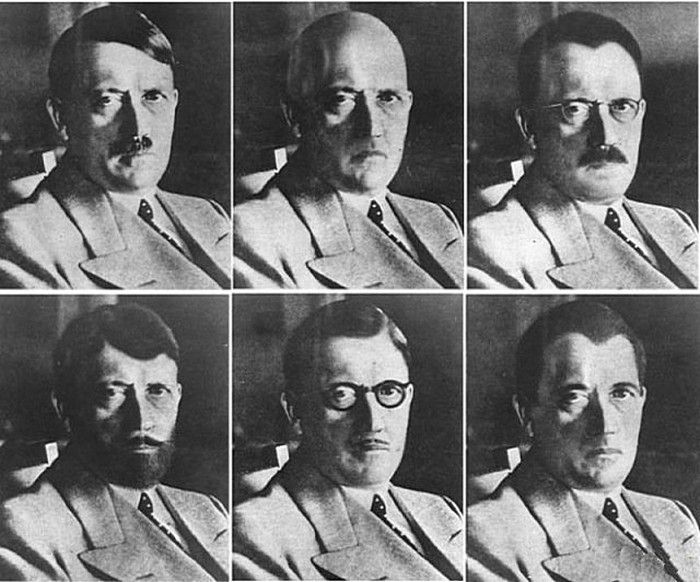 62. Фотомонтаж портретов Гитлера на случай, если он попытался бы скрыться изменив внешность. Сделано правительством США для распространения в войсках.