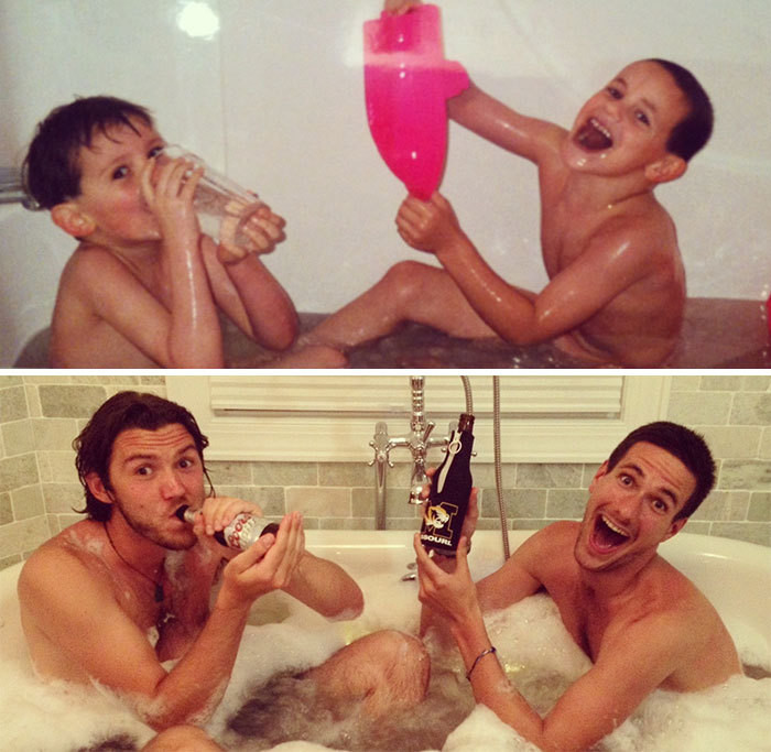 «Мой маленький брат со своим лучшим другом в ванне. Тогда и сейчас».