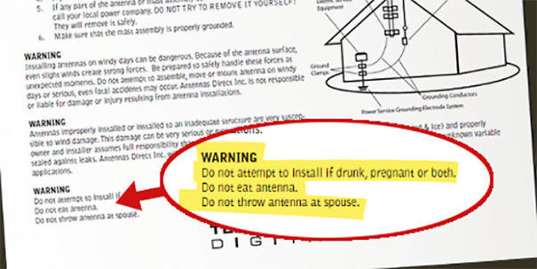 "Запрещено доверять установку лицам в состоянии алкогольного опьянения и беременным женщинам. Запрещено есть антенну. Запрещено бросать антенну в супруга/супругу"
