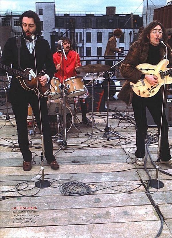 The Beatles на крыше штаб-квартиры компании Apple для записи фильма Let It Be, их последний живой концерт в качестве группы. Фрагмент выступления.