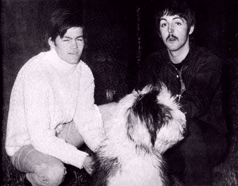 Paul McCartney, his dog (Martha My Dear), and Mickey Dolenz, 1967