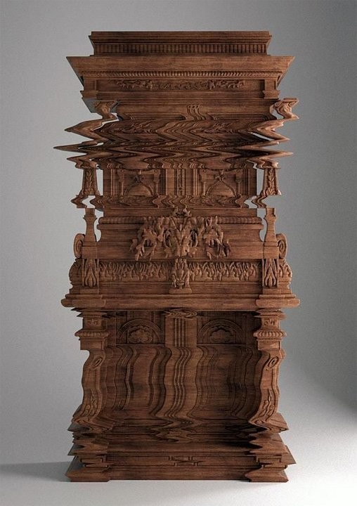 Деревянная скульптура с эффектом аналогового глюка