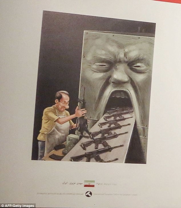 А это еще одна работа художника из Ирана, на которой мы видим, как рабочий скармливает оружие ненасытному Трампу