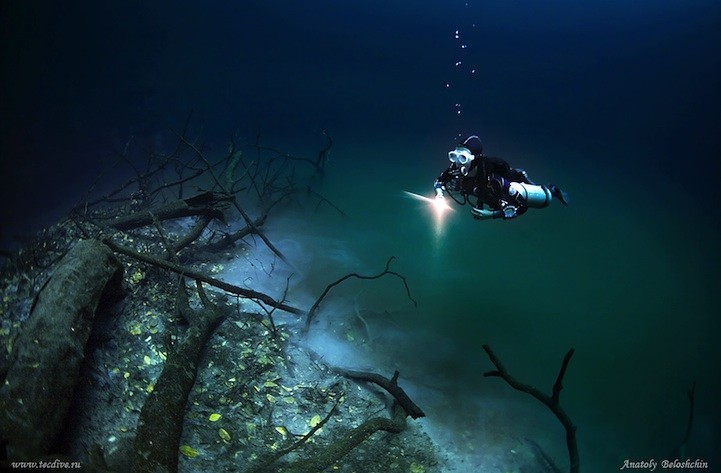 Скрытая от глаз подводная река, протекающая вдоль океанского дна в Мексике