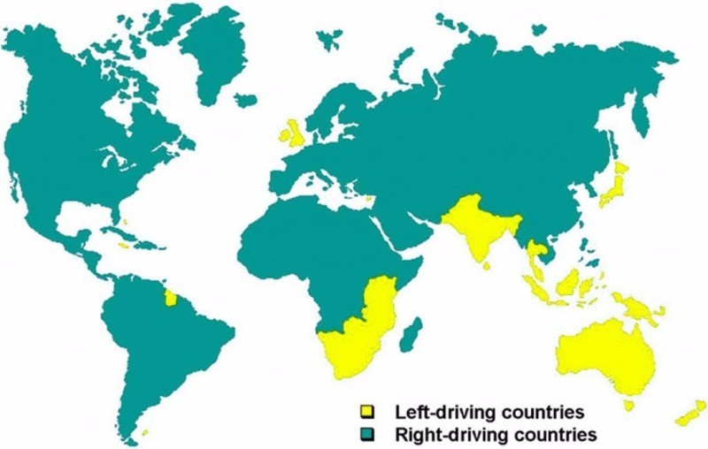 Желтым выделены страны мира с левосторонним движением