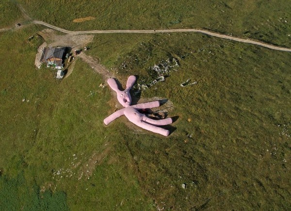 Гигантский розовый заяц на склоне горы в Италии