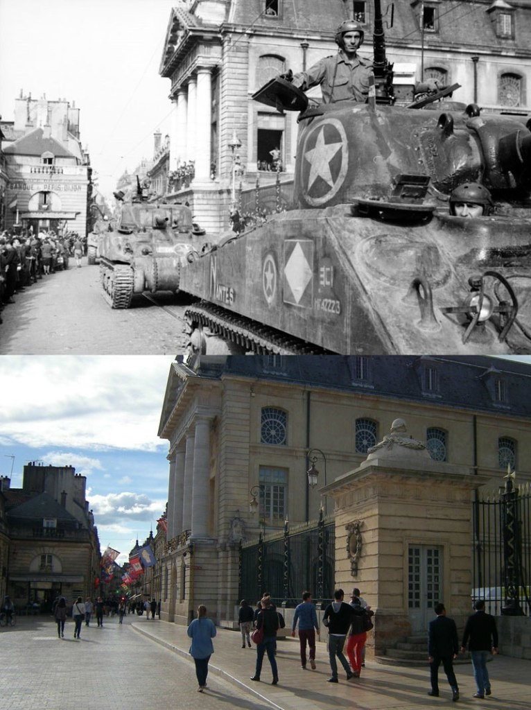 Освободительные французские войска на борту американского танка Шерман, возле дворца. По этому случаю площадь была переименована в Площадь Освобождения.