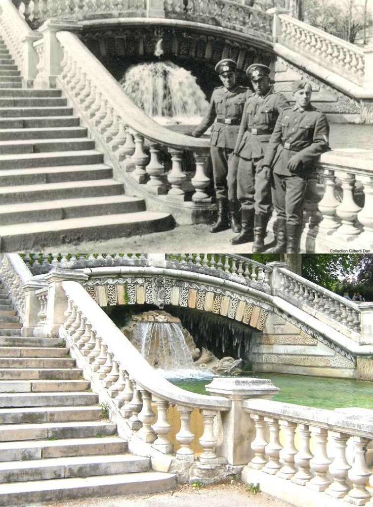 Немецкие офицеры позируют перед фонтаном в Парке Дарси.