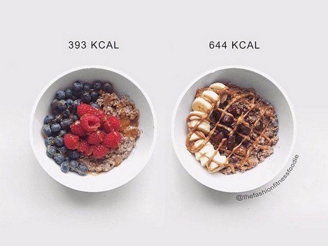 Все продукты в обоих чашках "здоровые". Но слева лесные ягоды и мед, а справа бананы, финики и арахисовое масло