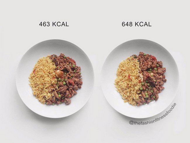 Количество еды на тарелках одинаковое, а за разницу в калориях отвечают количество оливкового масла (справа его не жалели) и жирность говядины (12% против 5%)