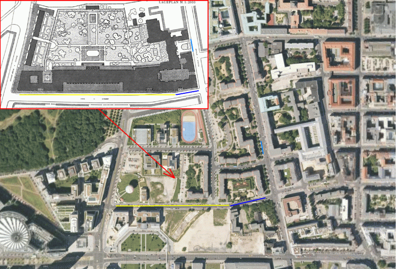 Сопоставление плана рейхсканцелярии с сегодняшней картой местности района Фоссштрассе.