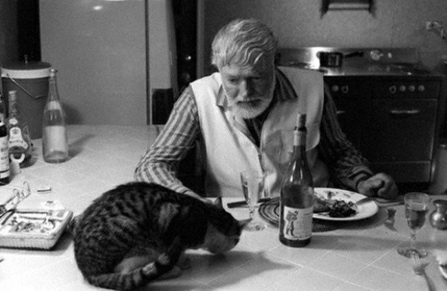 Эрнест Хемингуэй за ужином с котом