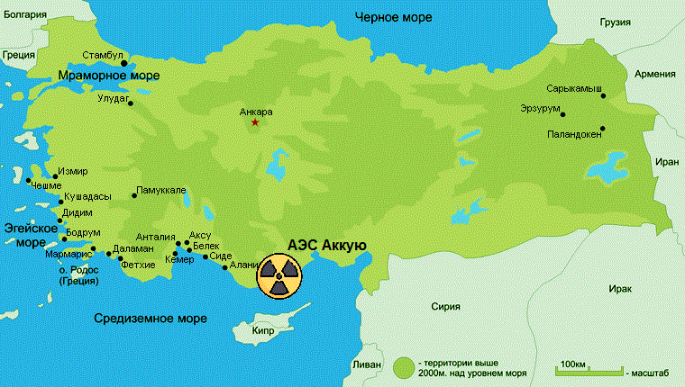 Расположение АЭС «Аккую» на карте Турции