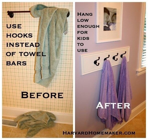 7. В ванной для полотенец лучше сделать не перекладину, а крючки. И повесить их достаточно низко, чтобы и детям было легко достать