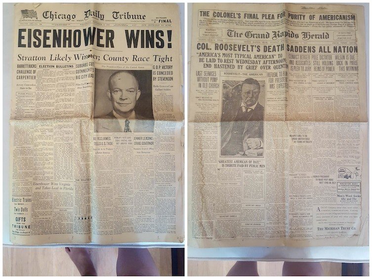 Другие газетные заголовки относятся к таким событиям, как окончание Первой мировой войны, Вторая мировая и ее окончание, коронация королевы Елизаветы II в 1953 году, убийство Джона Ф. Кеннеди в 1963-м