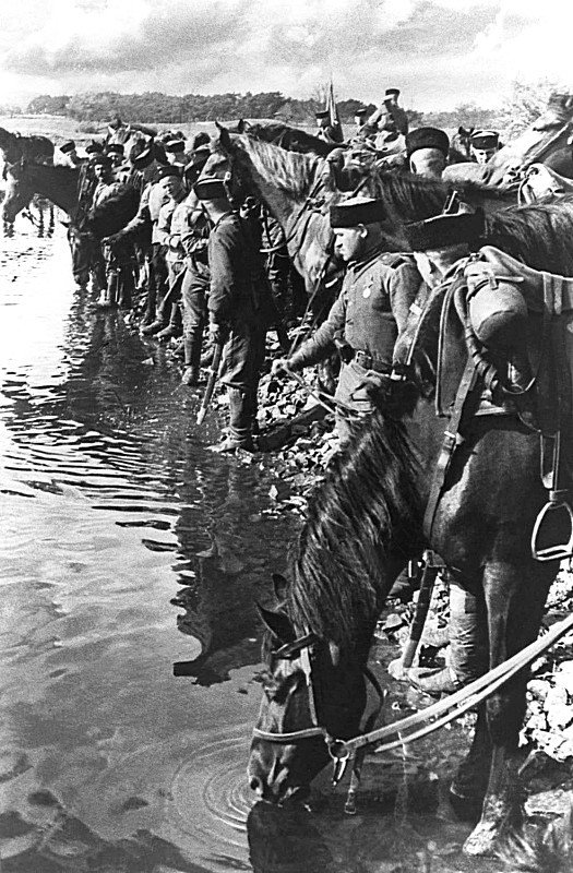 Казаки гвардейского кавалерийского корпуса поят своих лошадей во время встречи с частями американской армии в Германии.