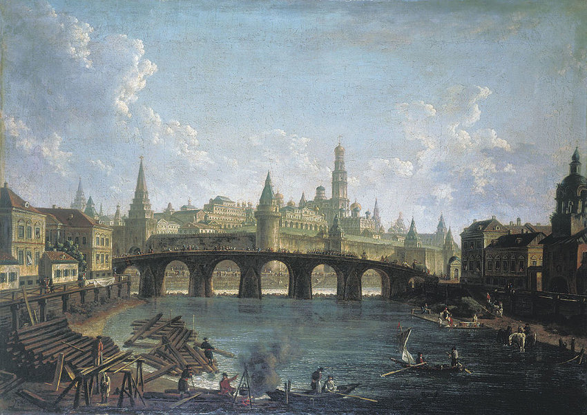 Большой Каменный мост. На фото: Ф.Я.Алексеев - "Вид на Московский кремль со стороны Каменного моста". Между 1800-1810 годами.
