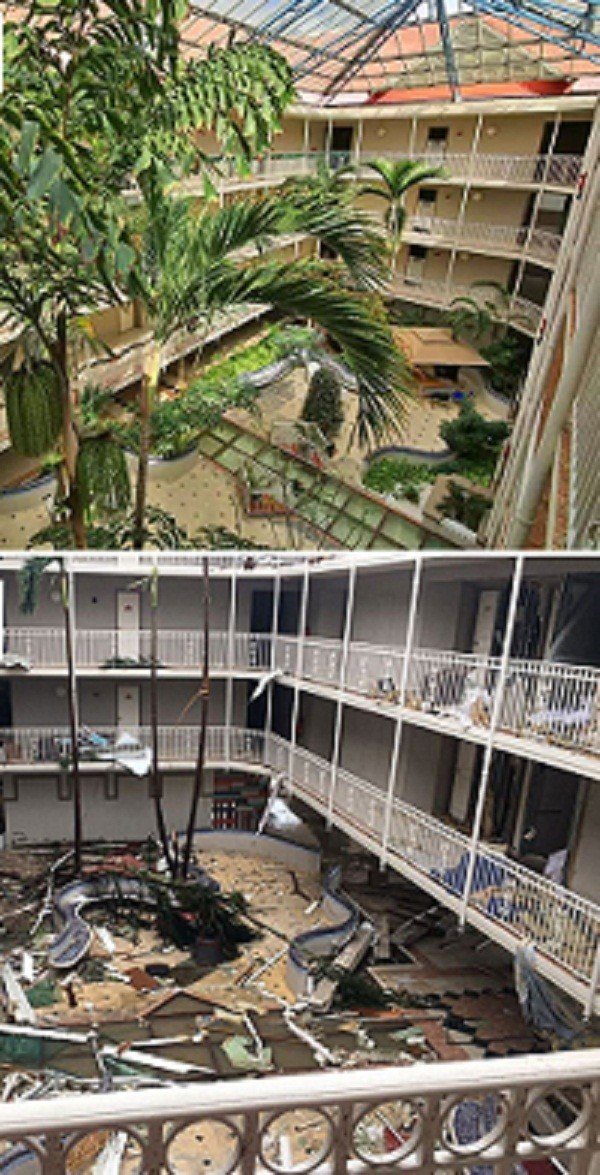 Отель "Бич Плаза" на острове Сен-Мартен до и после удара стихии