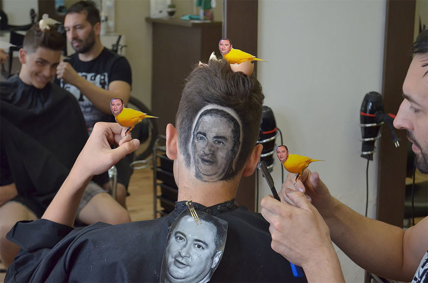 Парикмахер выстригает портреты знаменитостей на головах клиентов