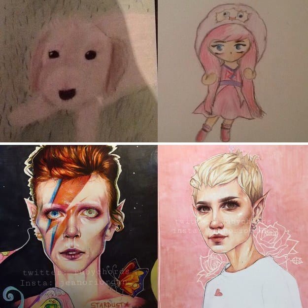 "Вверху слева - рисунок, который я нарисовала в 11 лет. Вверху справа - в 12 лет. А оба нижних нарисованы сейчас, когда мне 15" 