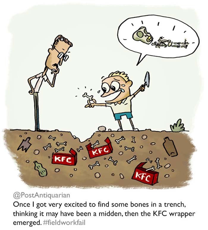 Археолог обрадовался тому, что обнаружил в траншее кости. Уже подумал, что нашел что-то ценное, но тут наткнулся на пустые коробки из KFC 