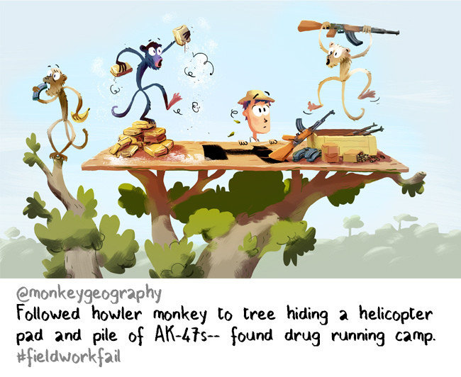 Следуя за предводителем стаи обезьян, учёный оказался на дереве, скрывающем вертолётную площадку с кучей автоматов Калашникова — там находился тайник наркоторговцев 
