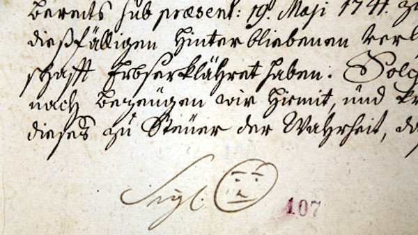 2. В 1741 году настоятель монастыря в Ждяр-над-Сазавоу (Чехия) использовал смайлик в подписи к своему письму.