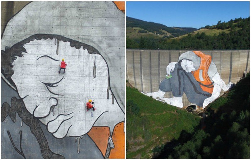 Огромный стрит-арт со смыслом: французские художники нарисовали беженца на плотине