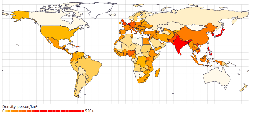 Плотность населения в 2017 году по странам мира