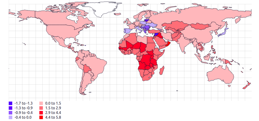 Рост населения стран мира в процентах (синий цвет означает убыль населения) в 2015 году