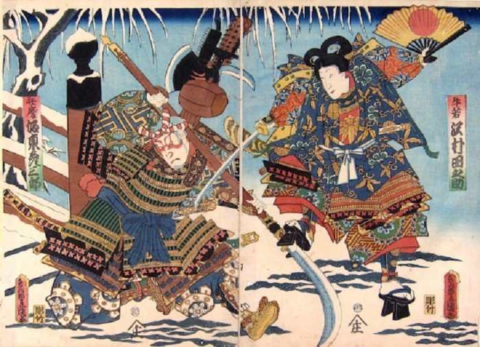 Бой самураев с использованием тэссена. 