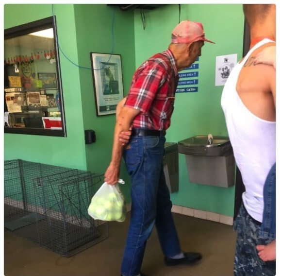 Этот мужчина решил пожертвовать приюту для животных целую сумку теннисных мячиков!