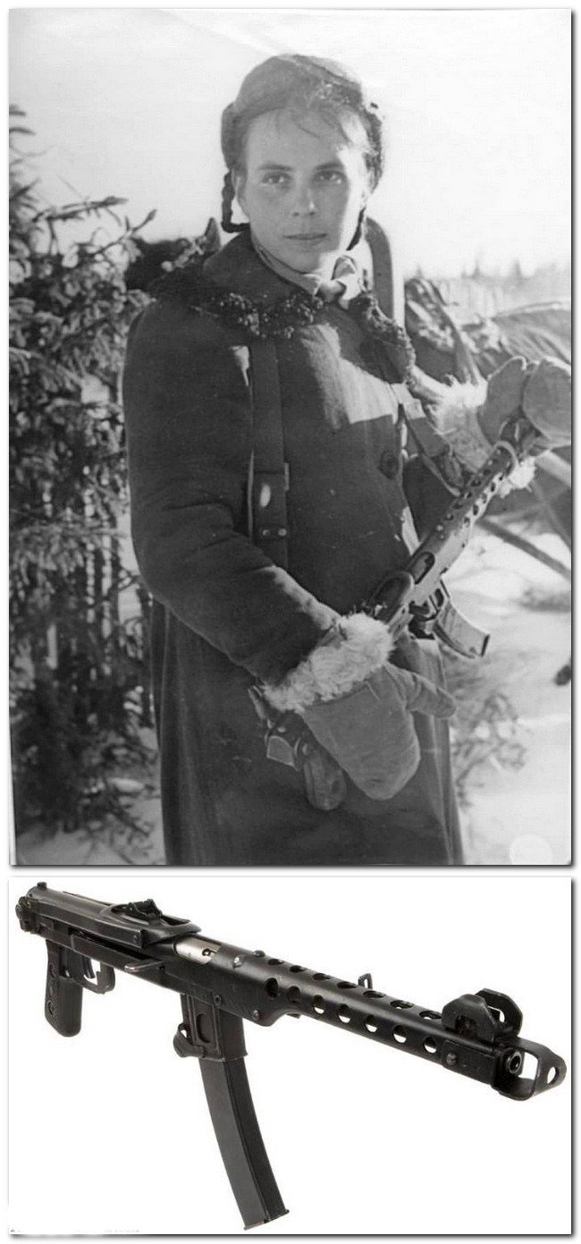 Портрет советской партизанки Л. Чистовой с пистолетом-пулеметом системы Судаева (ППС)