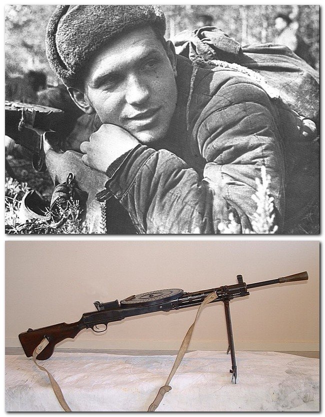 Пулеметчик 3-й Ленинградской партизанской бригады Алексей Гринчук у пулемета ДП-27