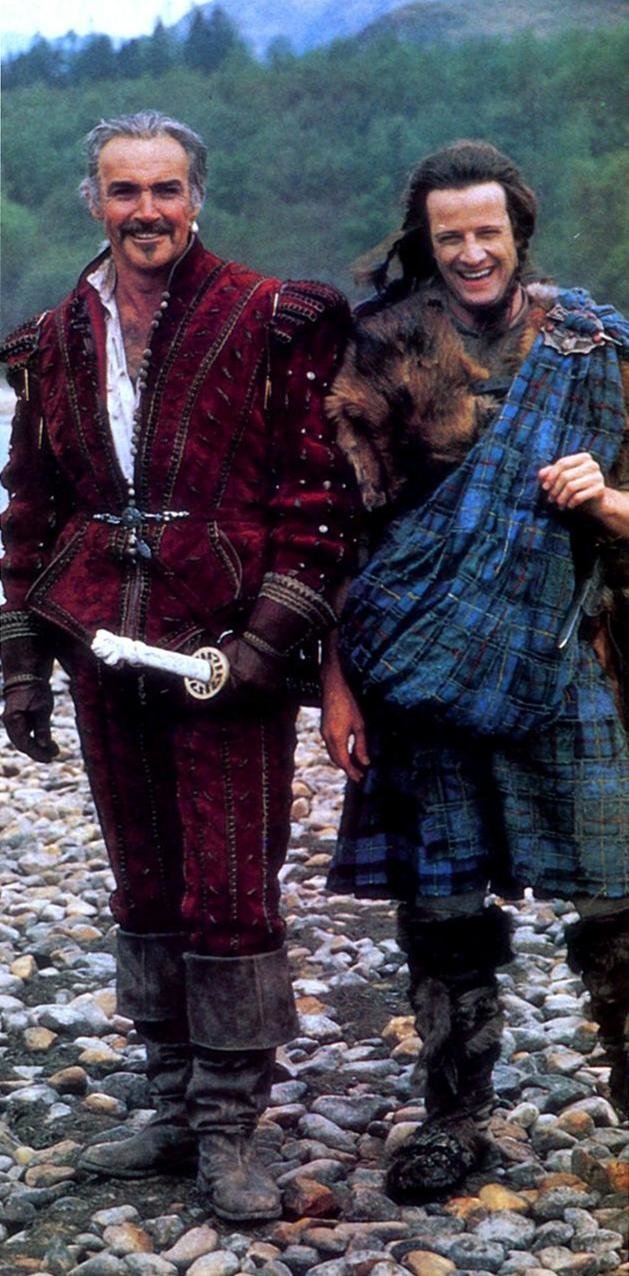 Шон Коннери и Кристофер Ламберт во время съемок фильма Горец, 1985 год.