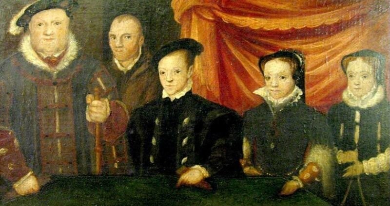 Генрих VIII со всеми своими детьми и Уиллом Сомерсом королевским шутом (1544-1545)