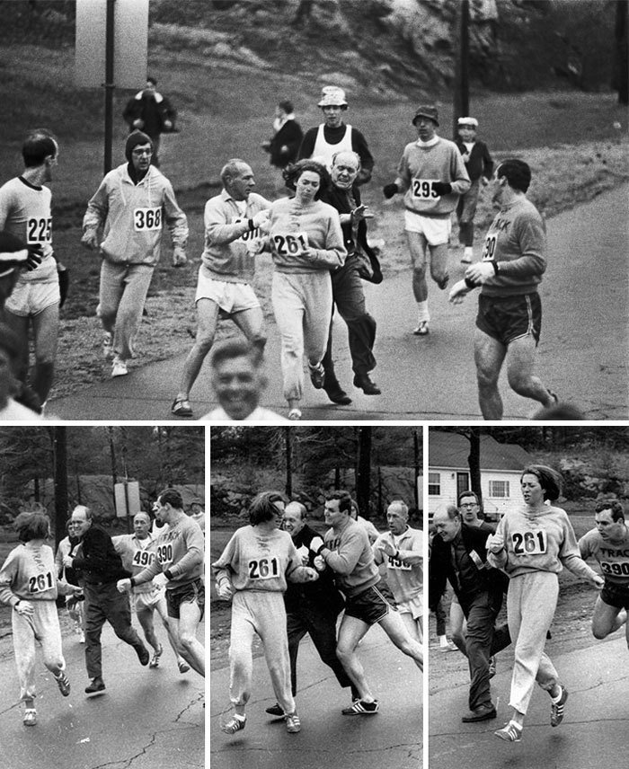 1967-й. Катрин Швитцер - первая женщина, пробежавшая Бостонский марафон. Когда организатор Джок Семпл увидел, что бежит женщина, пытался остановить ее (но у него не получилось)
