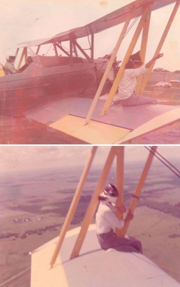 "Бабушка на крыле сельскохозяйственного самолета моего отца. Она проделывала это несколько раз насколько мне известно"