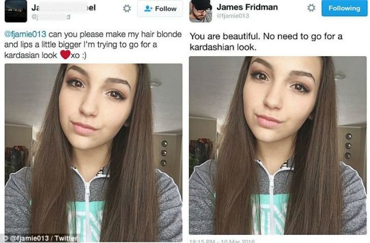Но иногда Джеймс оставляет шутливый тон. Девушка прислала фотографию с просьбой «сделать волосы светлыми, а губы чуть больше, чтобы получилось а-ля Ким Кардашьян».