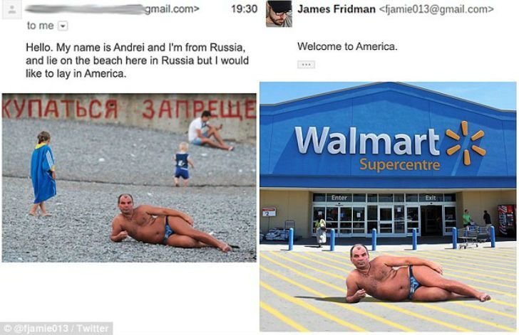 Просьба от Андрея из России: «На фотографии я лежу на российском пляже, но хотел бы лежать в Америке». Джеймс: «Добро пожаловать в Америку».