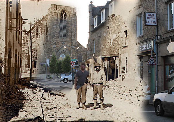 5. "Рядом с дедом, на том же месте, г. Плёртюи, Франция, 1944 г. и 2013 г."