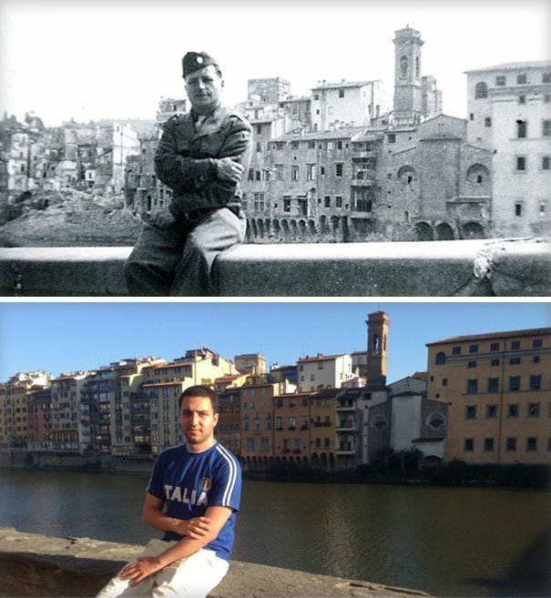 15. "Сижу на том же самом месте, где сидел мой дед. Река Арно, Флоренция, Италия. 1944 г. и 2014 г."
