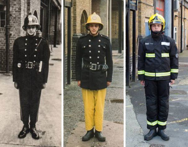2. Три поколения пожарных слева направо: дед Колин Ганн, 1966 г., отец Ник Ганн, 1988 г., сын Оуэн Ганн, 2015 г.