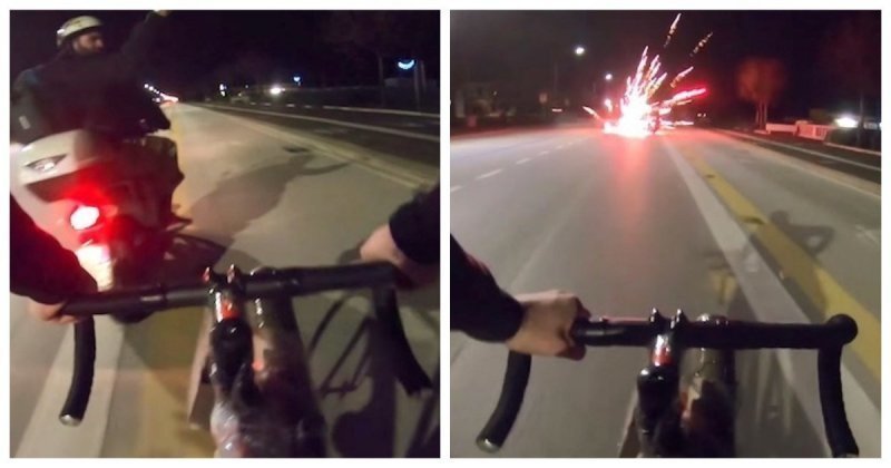 Вооружённый фейерверками велосипедист расстрелял из "ракетной установки" скутериста и его пассажира