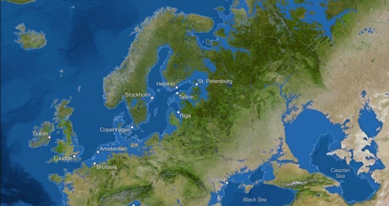 На этих картах показано, каким станет мир, если весь лед на Земле растает и станет частью Мирового океана. Нынешняя береговая линия обозначена тонкой белой линией.