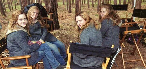 Эмма Уотсон и ее дублеры на съемках «Гарри Поттера».