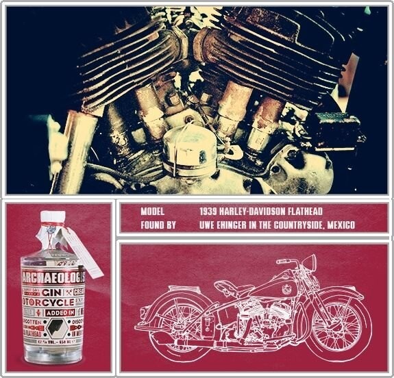 Первый джин несёт в своей бутылке элементы распределительного вала от мотоцикла Harley-Davidson Flathead 1939 года.
